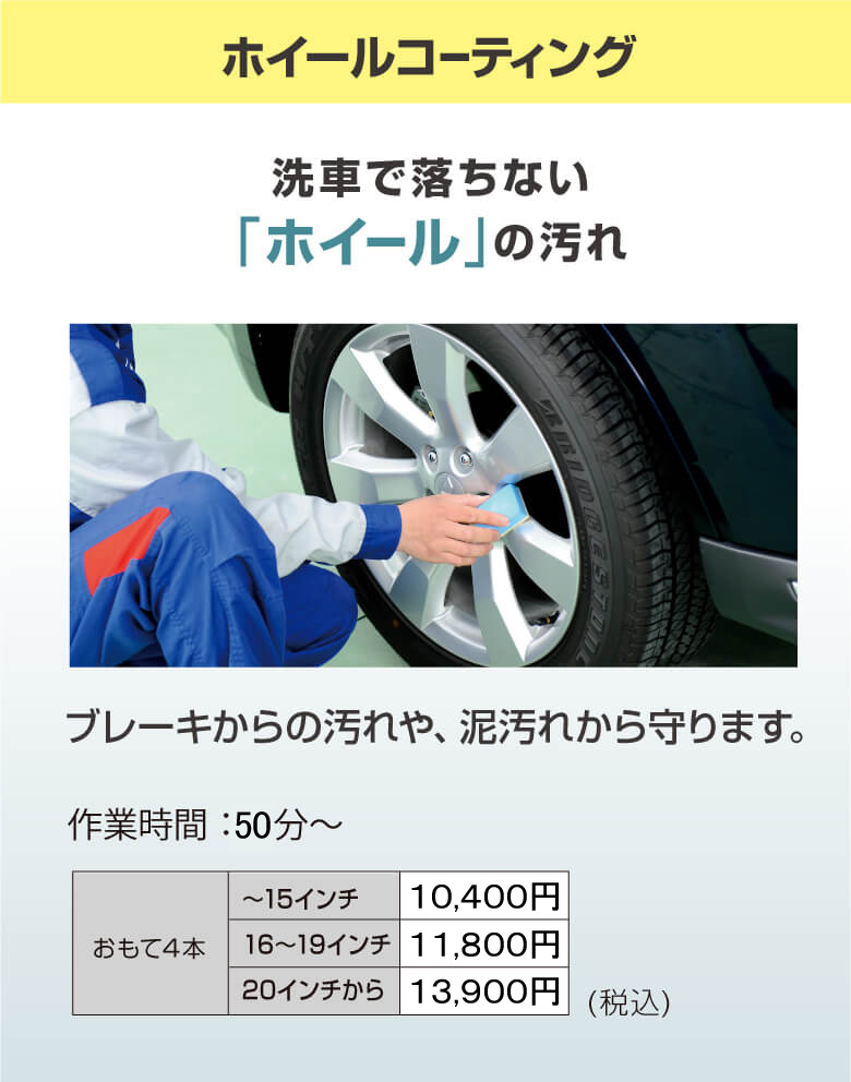 ホイールコーティング　洗車で落ちないホイールの汚れ、ブレーキからの汚れや泥汚れから守ります